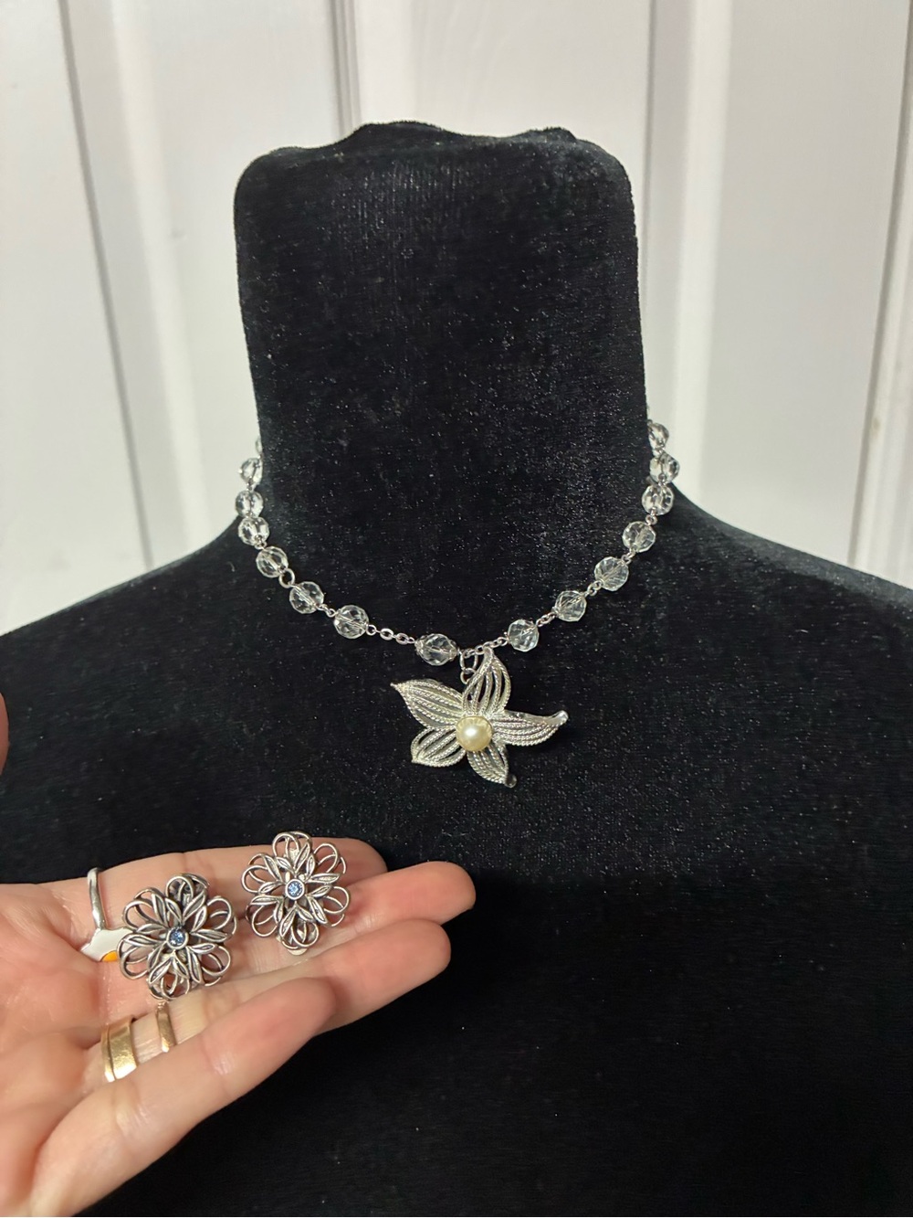 Silver Crystal Bead Necklace with Floral Pearl Pendant - White/Silver
